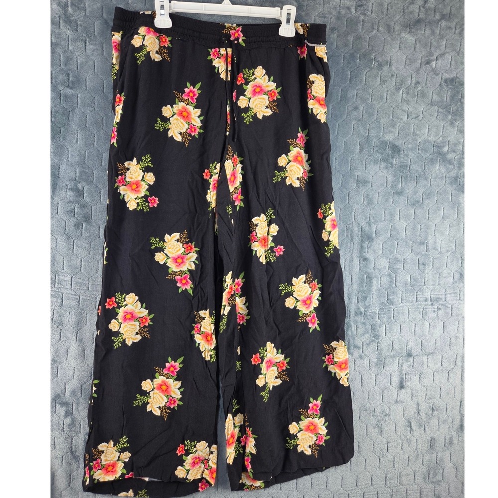 LOFT Womens Black Floral Wide Leg Drawstring Pants Viscose Size L 458250‎